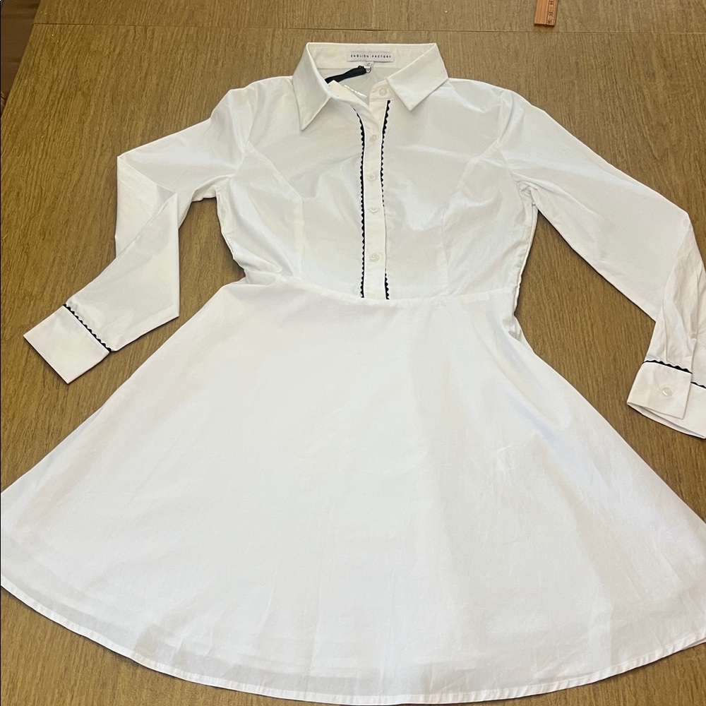 NWT-English Factory White Button-Up Fit & Flare Dress Black Trim, Sz M Junior